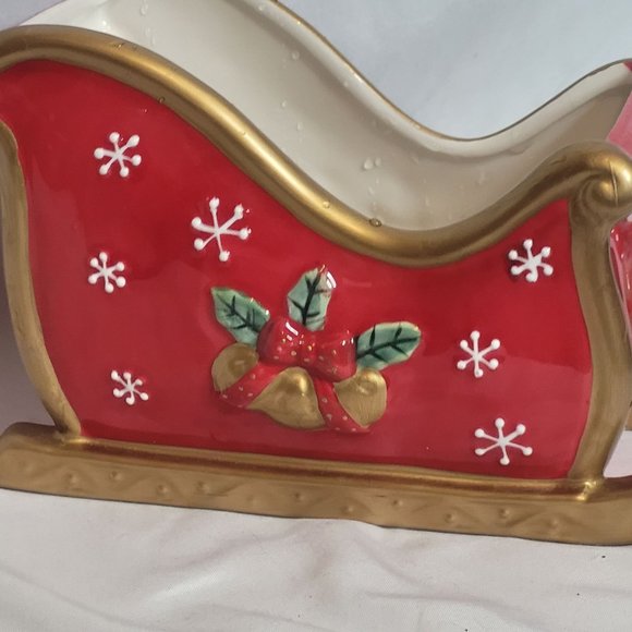 Fitz and Floyd Festive Bells Sleigh Ceramic Red Gold 7 x 5 x 4 Inches - Picture 2 of 11
